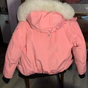 Moose Knuckles Pink Kids Puffer Jacket with White Faux Fur